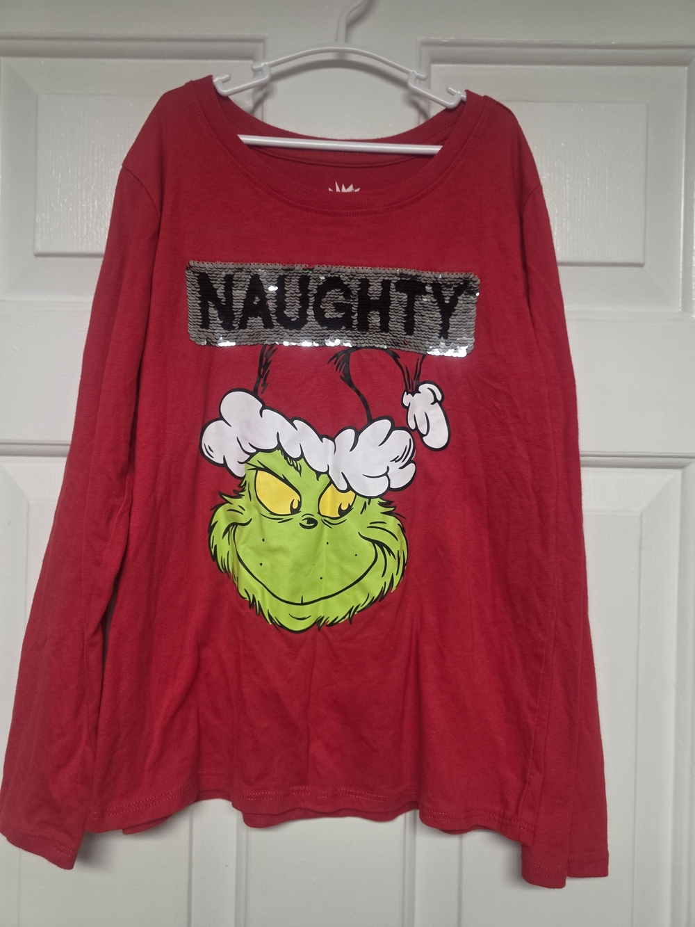 Kids Red Long-Sleeve Grinch 'Naughty' Sequin Graphic Tee